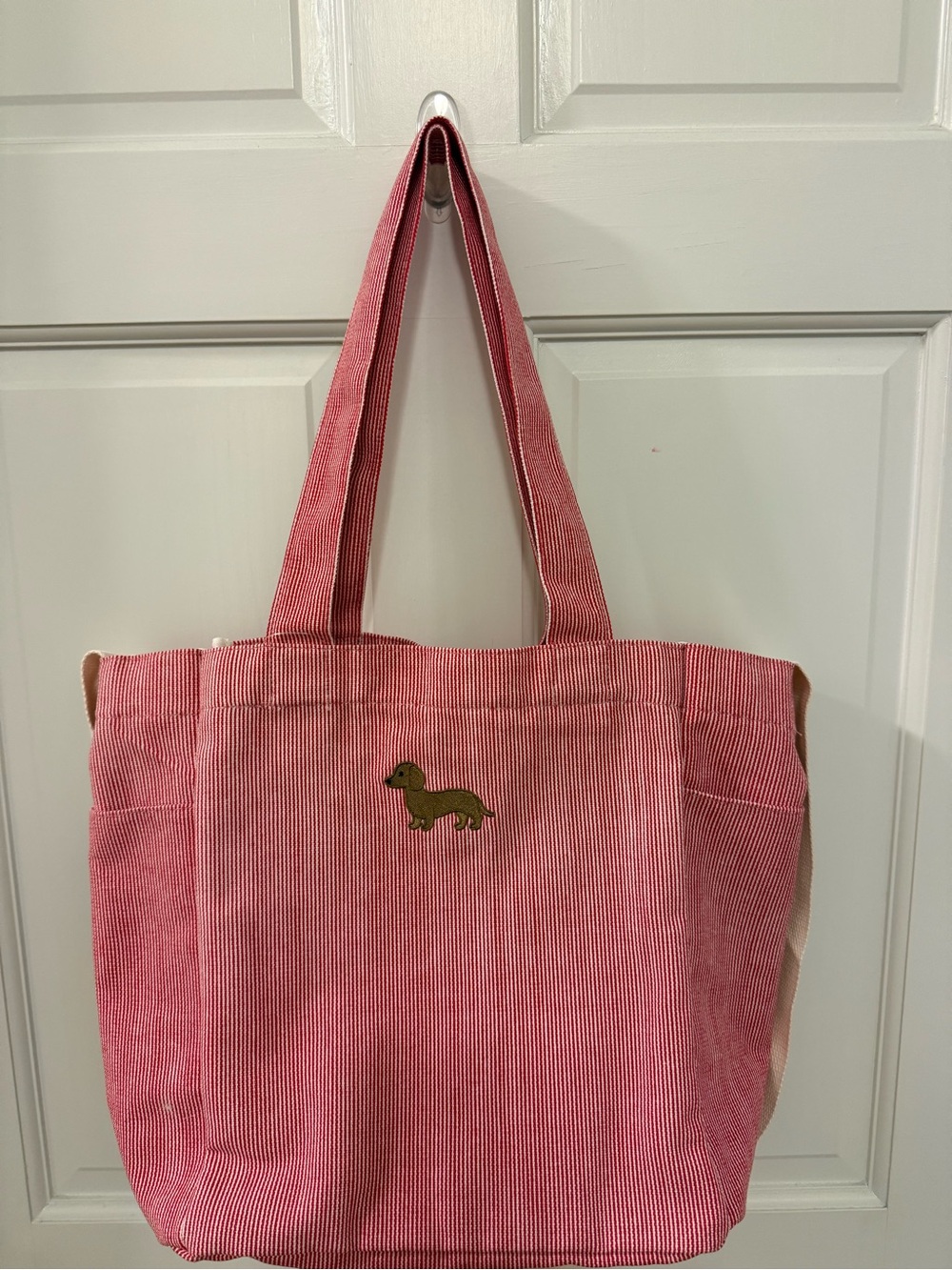 Red Stripe Tote Bag with Dachshund Accent